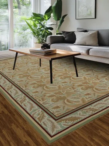 Chinese Beige Area Rug Featuring Intricate Leaf Design 9x12