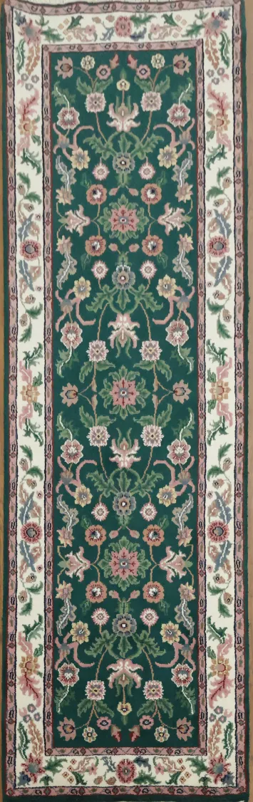 Classic Oriental Botanical Design Runner Rug in Deep Green Tones 3x8