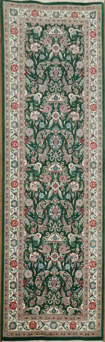 Timeless Charm in Green: Floral Pattern Oriental Runner Rug 2x8