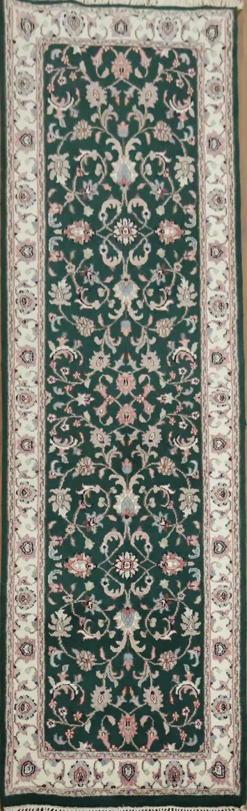 Timeless Green Runner with Ornate Floral Motifs and Border Rug 3x8