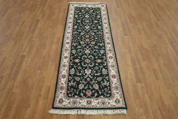 Timeless Green Runner with Ornate Floral Motifs and Border Rug 3x8