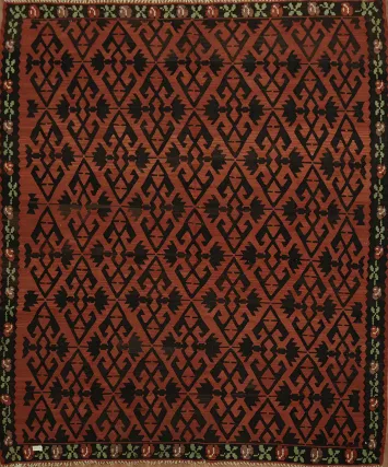 Flat-Woven Tribal Geometric Kilim Turkish Rug with Brick Red and Black 7x9