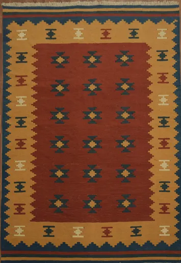Hand-Woven Geometric Wool Kilim Area Rug 6x8