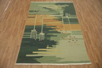 Modern Art Inspired Green and Orange Kilim Reversible Rug with Fork Pattern 6x9
