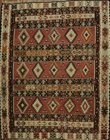 Decorative Geometric Wool Kilim Turkish Area Rug 7x9