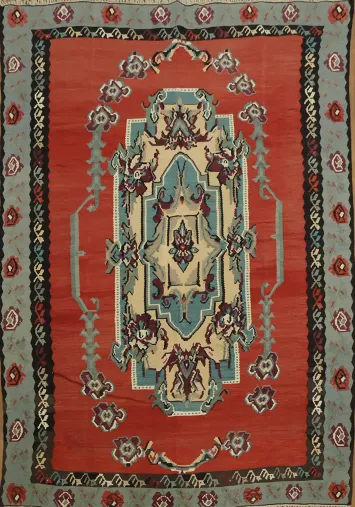 Hand-Woven Wool Geometric Wool Kilim Rug 7x10