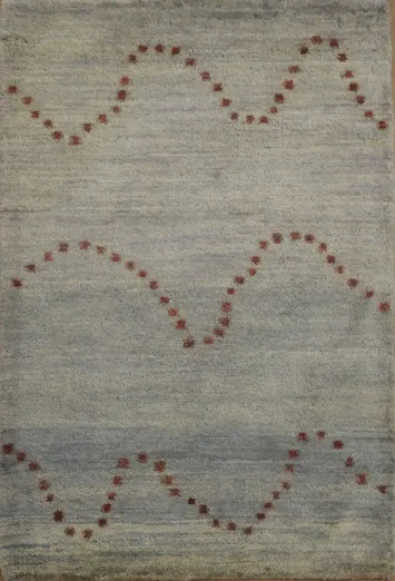 Modern Wave Pattern Rug in Gray Blue with Stylish Red Accents 2x3