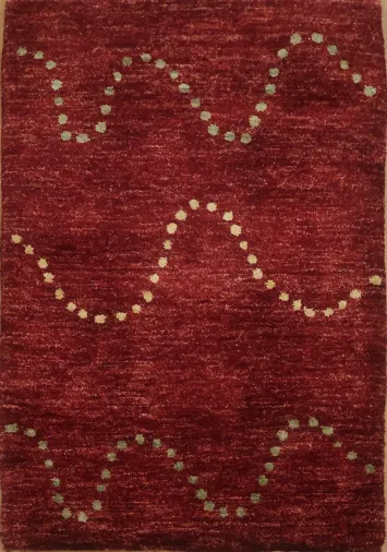 Chic Burgundy Gabbeh Rug with Modern Wave Dot Accents 2x3