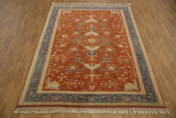 Rust and Blue Vintage-Style Tribal Super Kazak Vegetable Dye Rug 7x10