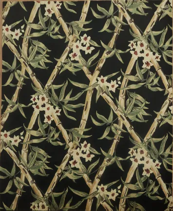 Exquisite Nature-Inspired Black Nepalese Rug with Bamboo and Flowers 8x10