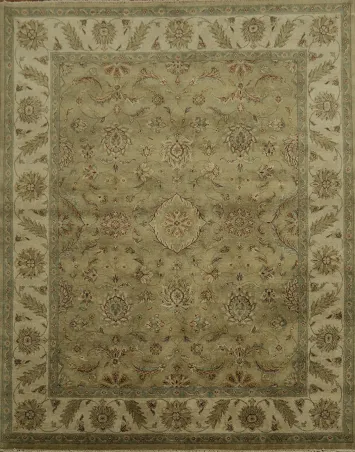Traditional Green and Beige Oushak Peshawar Pakistani Rug for Living Room 8x10