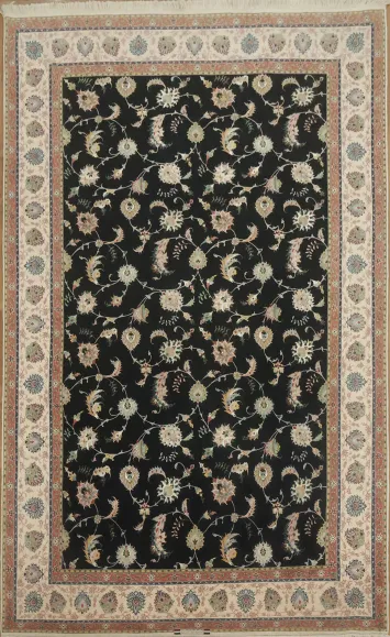 Elegant Floral Black Tabriz Persian Area Rug 8x13