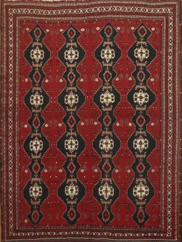 Geometric Tribal Afghan Red Rug with Unique Black and Ivory Accents 9x11