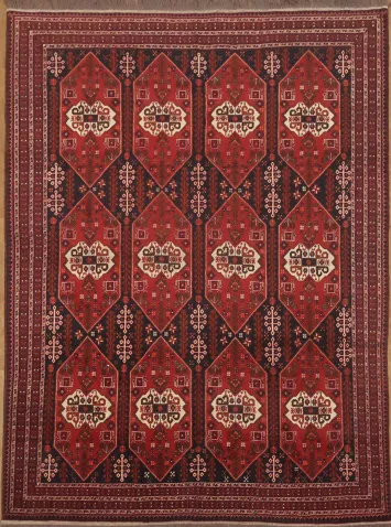 Traditional Red And Black Balouch Afghan Rug with Intricate Geometric Patterns 8x11