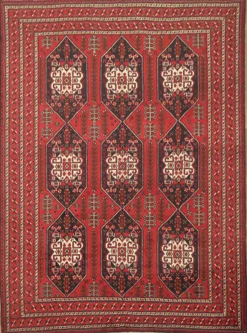 Geometric Tribal Red and Black Balouch Afghan Rug for Living Room Charm 8x11
