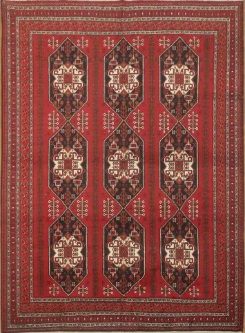 Tribal Red Antiques Style Balouch Afghan Rug with Rich Geometric Details 8x11
