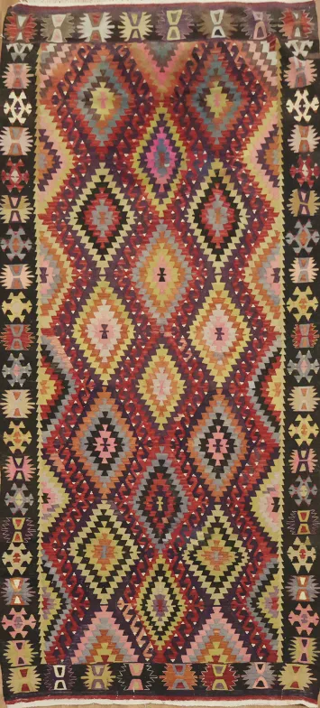 Geometric Wool Hand-Woven Kilim Runner Rug 6x12