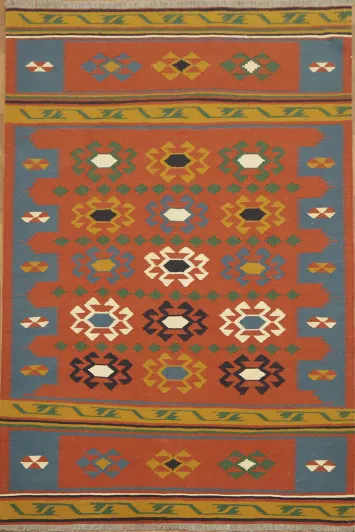 Geometric Wool Kilim Turkish Area Rug 7x10