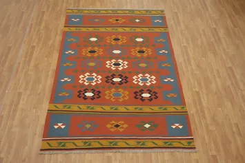 Geometric Wool Kilim Turkish Area Rug 7x10