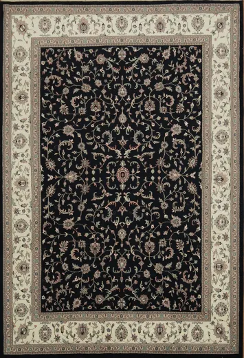 Traditional Black and Ivory Floral Area Rug with Ornate Design Details 10x14