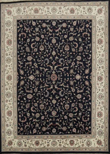 Elegant Navy Blue and Ivory Persian Style Rug with Floral Motifs 10x14