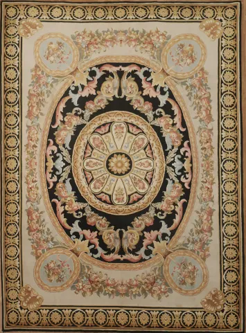 Opulent Black and Gold Aubusson Chinese Rug with Intricate Floral Motifs 9x12