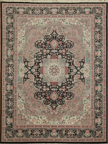 Luxury Black and Pink Aubusson Chinese Rug Featuring Classic Arabesque Motifs 9x12