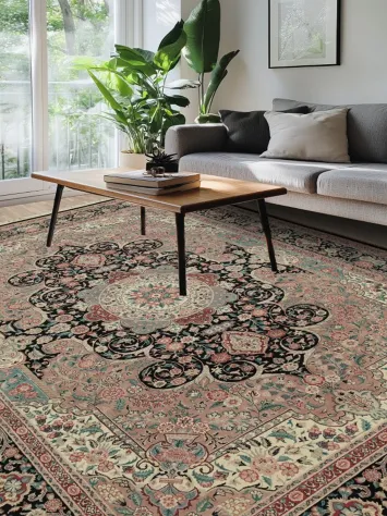 Luxury Black and Pink Aubusson Chinese Rug Featuring Classic Arabesque Motifs 9x12