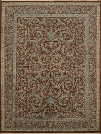 Luxurious Traditional Style Rust and Blue Rug Featuring Ornate Arabesque Details 9x12