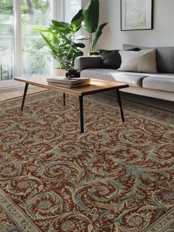 Luxurious Traditional Style Rust and Blue Rug Featuring Ornate Arabesque Details 9x12