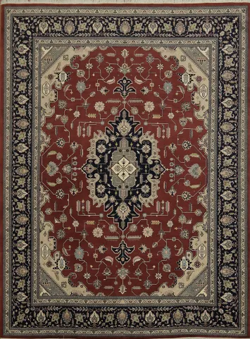 Geometric Heriz Serapi Top quality Rug in Rich Rust Red and Navy Hues 9x12