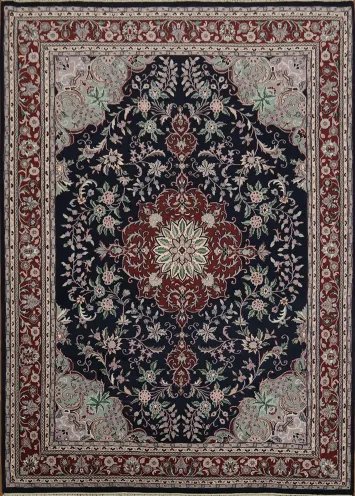 Luxurious Floral Medallion Navy Blue and Burgundy Rug with Traditional Elegance 10x14