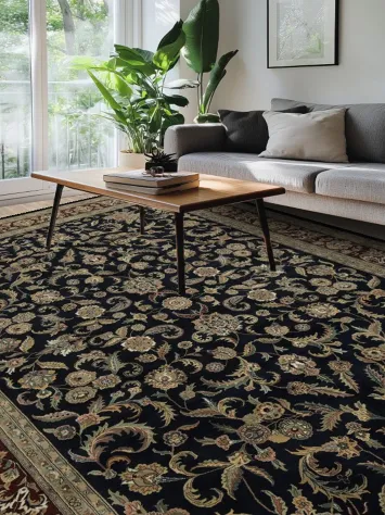 Elegant Black and Burgundy Floral Carpet Design with Rich Detailing and Borders 10x14