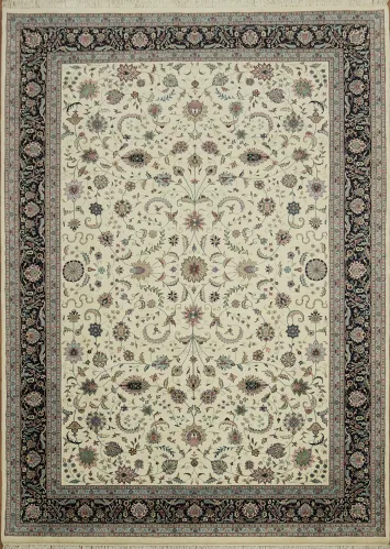 Luxury Ivory All-Over Floral Kashan Rug Featuring Black Border