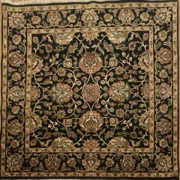 Elegant Black and Gold Agra Square Rug Featuring Ornate Botanical Motifs 6x6 ft