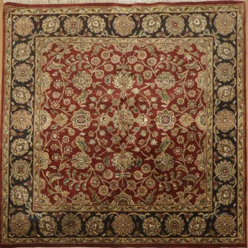 Elegant Floral Square Agra Rug Rich Burgundy and Black Border Details 6x6 ft
