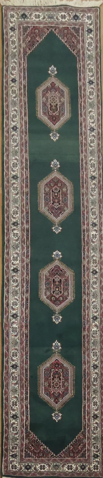 Long Green Wool Bidjar Runner Rug 3x12