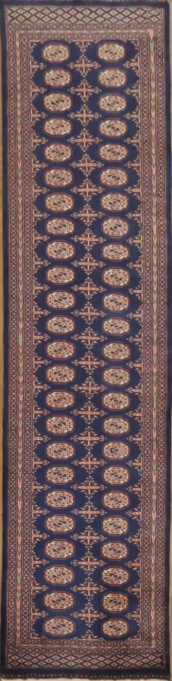 Sophisticated Craft: Long Navy Blue Bokhara Runner Rug 3x10