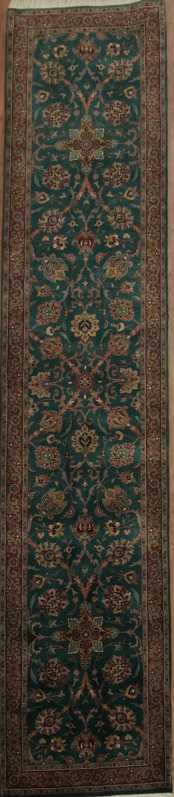 Luxurious Green Vegetable Dye Kashan Oriental Runner Rug 3x12