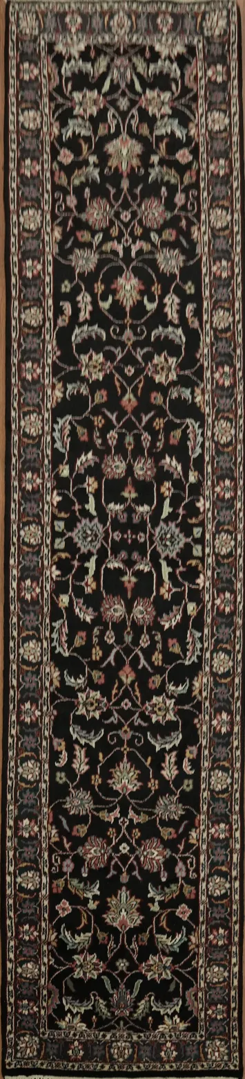 Ornate Black Floral Traditional Oriental Kashan Runner Rug 2x11
