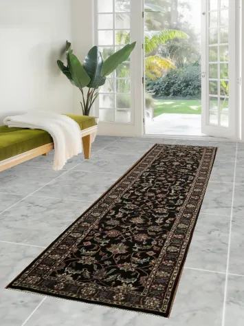 Ornate Black Floral Traditional Oriental Kashan Runner Rug 2x11