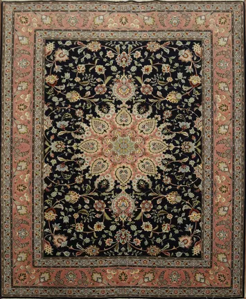 Luxurious Black Floral Tabriz Persian Area Rug 7x9
