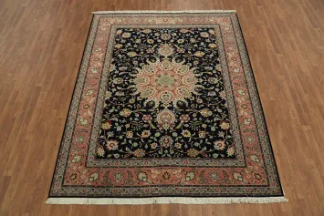 Luxurious Black Floral Tabriz Persian Area Rug 7x9