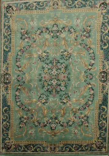 Elegant Green Floral Oriental Aubusson Area Rug 6x9