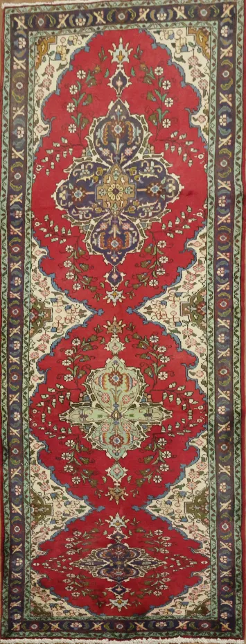 Elegant Red Hand-Knotted Medallion Tabriz Persian Runner Rug 3x9