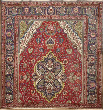 Traditional Red Persian Floral Square Tabriz Area Rug 9x9
