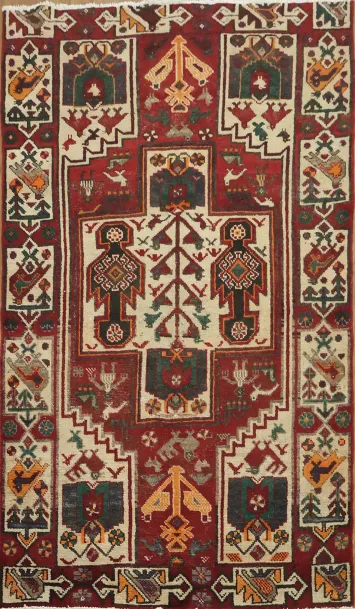 Old Geometric Persian Wool Bakhtiari Rug 4x7