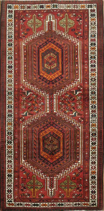 Vintage Persian Geometric Wool Ardebil Red Runner Rug 3x7