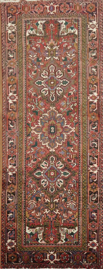 Vintage Persian Geometric and Floral Wool Heriz Runner Rug 4x10