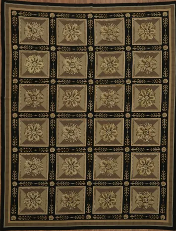 Artisan Beauty: Intricate Tulip Designs in Distressed Area Aubusson Tapestries Rug 9x12